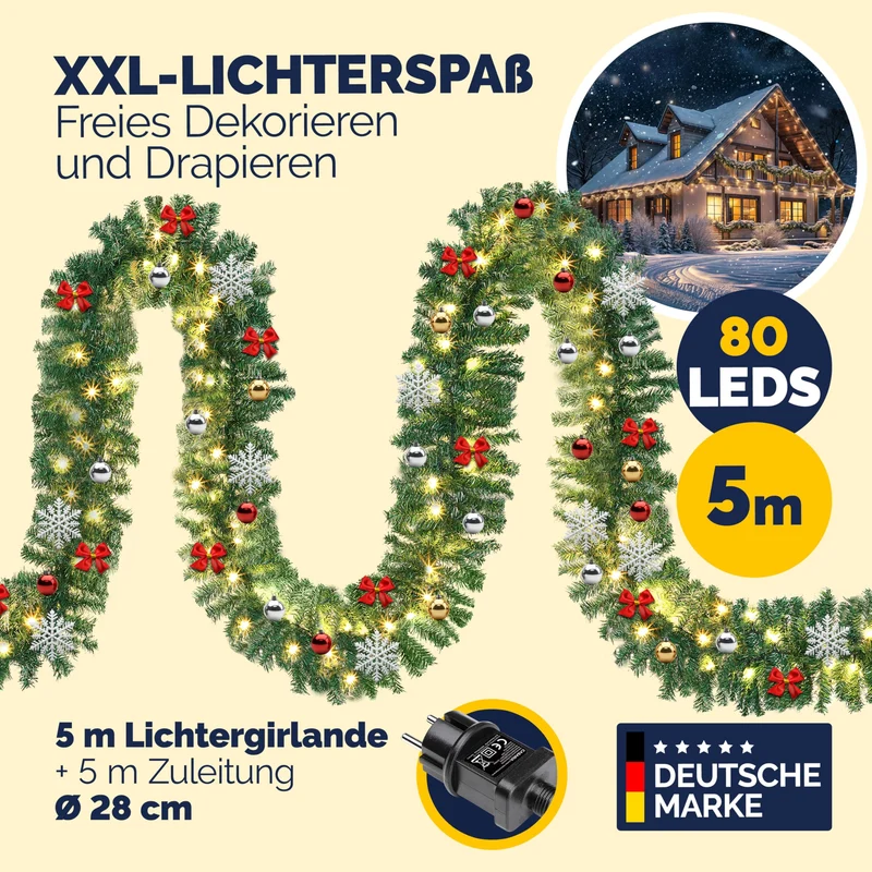 Weihnachtsgirlande mit Beleuchtungsdekoration, 80 LEDs Beleuchtetes Innen- und Außengrün Weihnachtsdekoration, Weihnachtsgirlande, Tannengirlande - Warmes Weiß