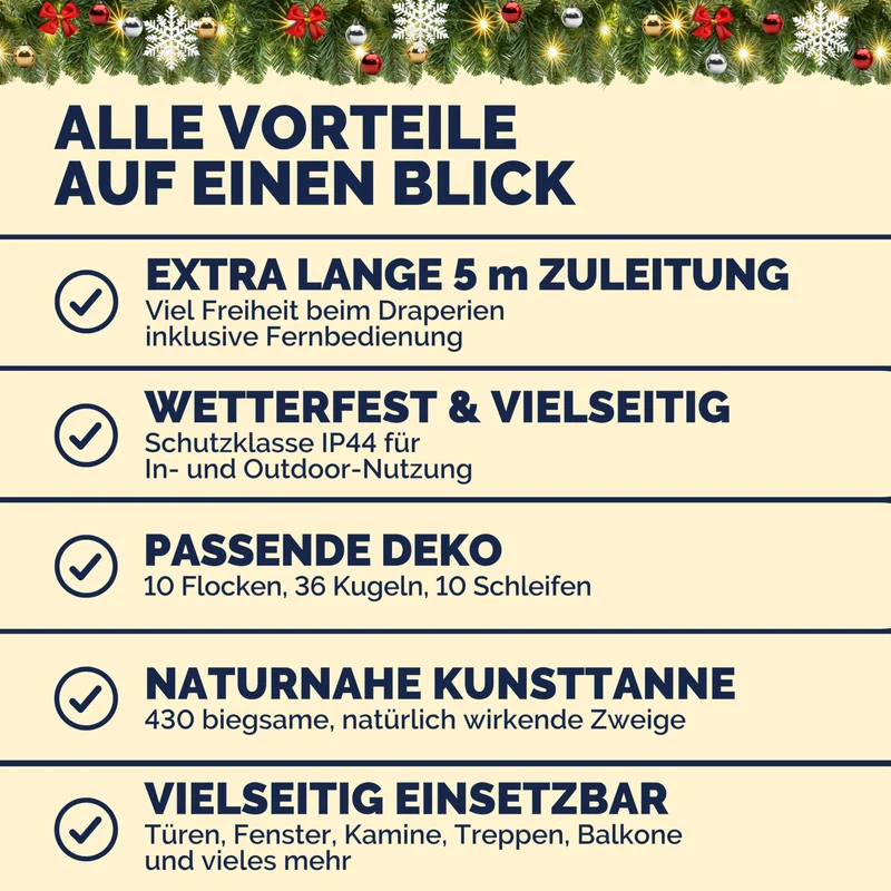 Weihnachtsgirlande mit Beleuchtungsdekoration, 80 LEDs Beleuchtetes Innen- und Außengrün Weihnachtsdekoration, Weihnachtsgirlande, Tannengirlande - Warmes Weiß