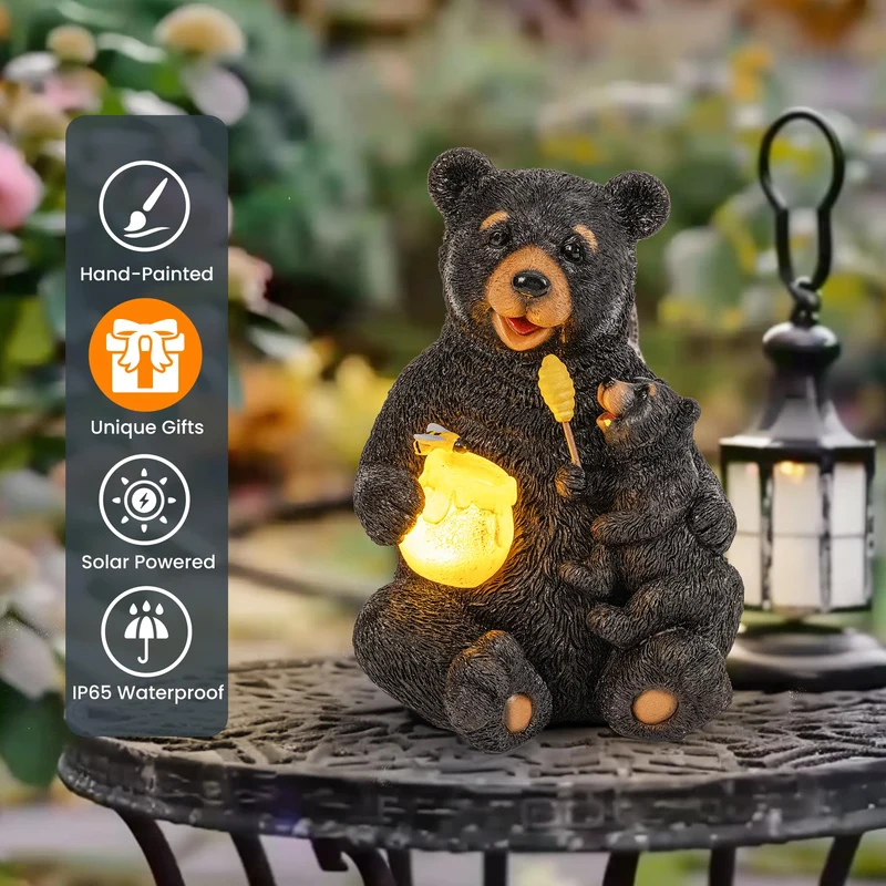 Solar Statuen Gartendeko, Bär Mutter und Bär Kind umarmen Sich, Geburtstagsgeschenk für Frauen, Geschenke für Mama, Wetterfest Gartendeko für Terrasse, draußen, Hof