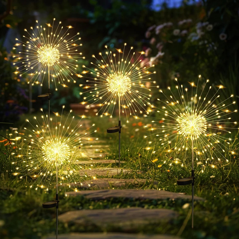 Gartendeko Solarleuchten für Außen,4 Stück 120 LED Feuerwerk Solarleuchten, Wetterfest Pusteblume Solarlampen für Balkon Terrasse Blumenkästen Hof Deko