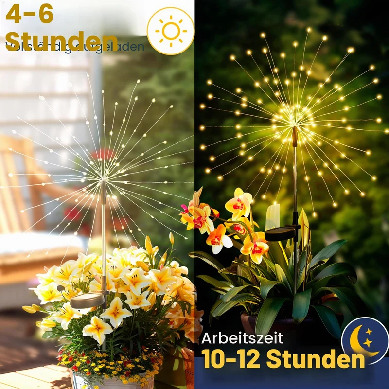 Gartendeko Solarleuchten für Außen,4 Stück 120 LED Feuerwerk Solarleuchten, Wetterfest Pusteblume Solarlampen für Balkon Terrasse Blumenkästen Hof Deko