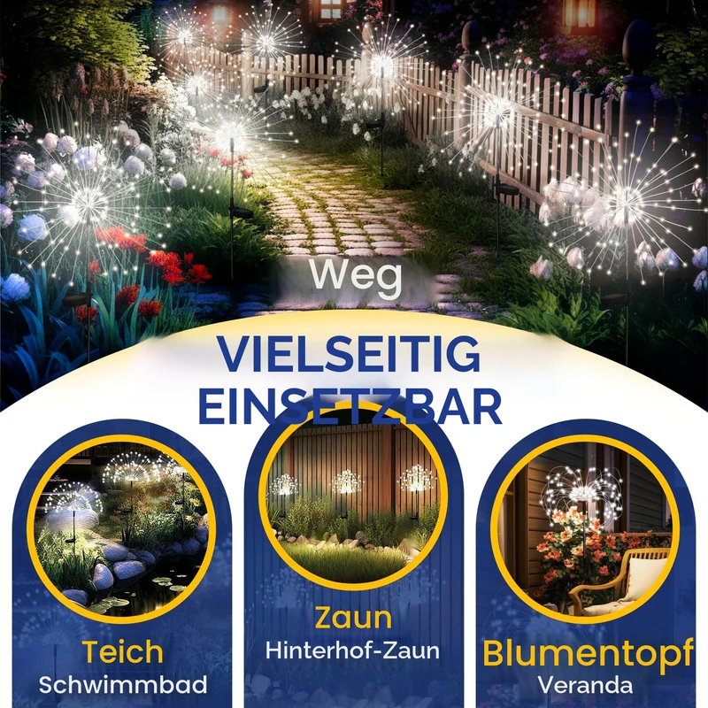 Gartendeko Solarleuchten für Außen,4 Stück 120 LED Feuerwerk Solarleuchten, Wetterfest Pusteblume Solarlampen für Balkon Terrasse Blumenkästen Hof Deko