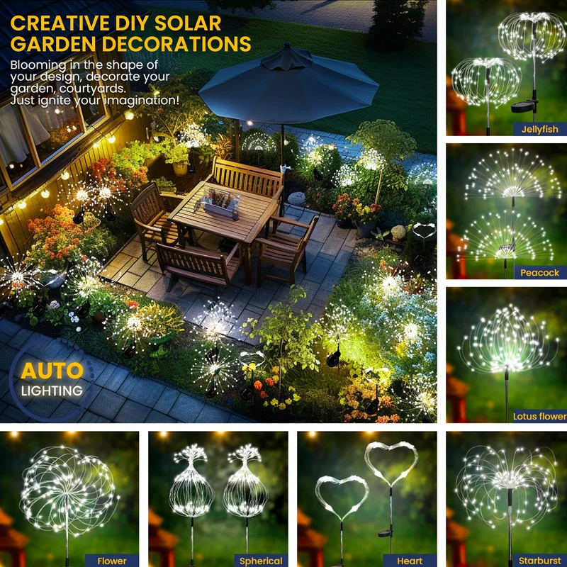 Gartendeko Solarleuchten für Außen,4 Stück 120 LED Feuerwerk Solarleuchten, Wetterfest Pusteblume Solarlampen für Balkon Terrasse Blumenkästen Hof Deko