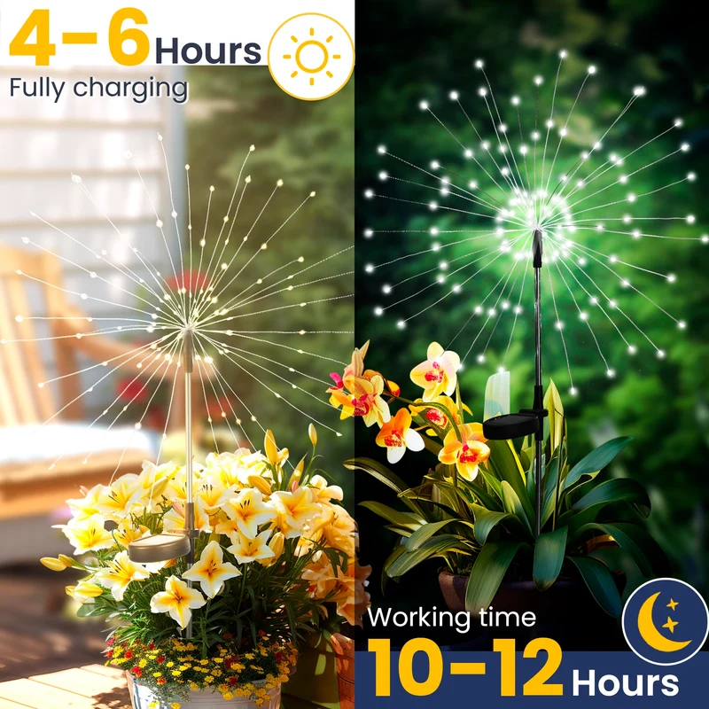 Gartendeko Solarleuchten für Außen,4 Stück 120 LED Feuerwerk Solarleuchten, Wetterfest Pusteblume Solarlampen für Balkon Terrasse Blumenkästen Hof Deko
