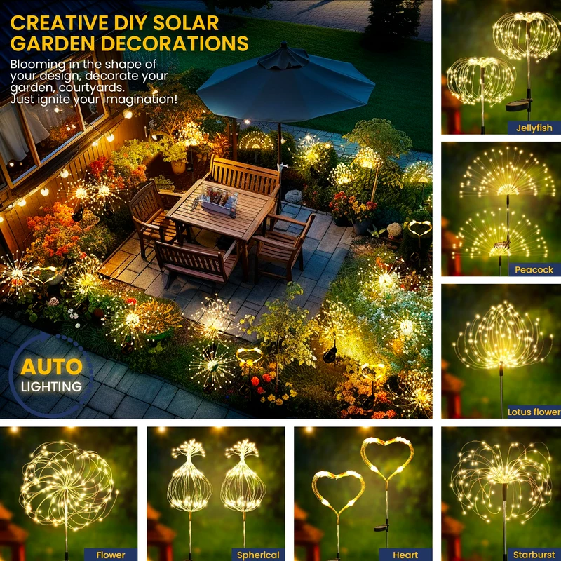 Gartendeko Solarleuchten für Außen,4 Stück 120 LED Feuerwerk Solarleuchten, Wetterfest Pusteblume Solarlampen für Balkon Terrasse Blumenkästen Hof Deko