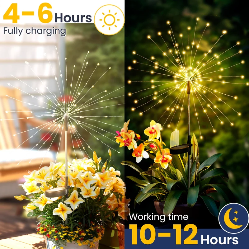 Gartendeko Solarleuchten für Außen,4 Stück 120 LED Feuerwerk Solarleuchten, Wetterfest Pusteblume Solarlampen für Balkon Terrasse Blumenkästen Hof Deko