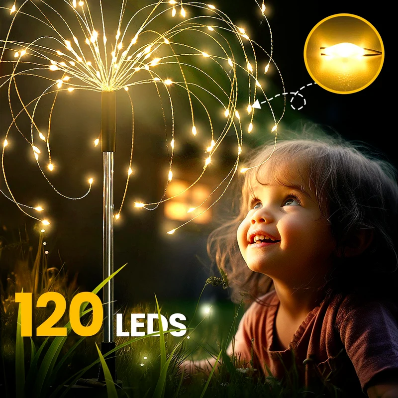 Gartendeko Solarleuchten für Außen,4 Stück 120 LED Feuerwerk Solarleuchten, Wetterfest Pusteblume Solarlampen für Balkon Terrasse Blumenkästen Hof Deko