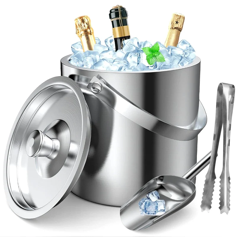Edelstahl Eiswürfelschale, 1,6 L Eisküche mit Doppelwanddesign, Eiskübel für Eiswürfel, Eiskübel mit Deckel- und Eisschaufel & Zange, Tragbarer Eiskühler zum Kühlen von Bier, Champagner, Wein