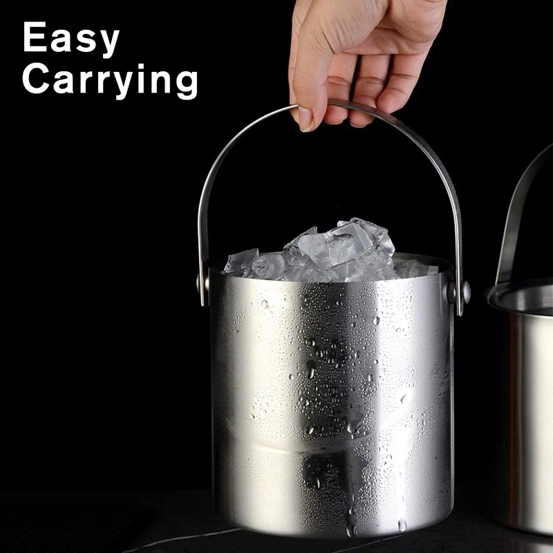 Edelstahl Eiswürfelschale, 1,6 L Eisküche mit Doppelwanddesign, Eiskübel für Eiswürfel, Eiskübel mit Deckel- und Eisschaufel & Zange, Tragbarer Eiskühler zum Kühlen von Bier, Champagner, Wein