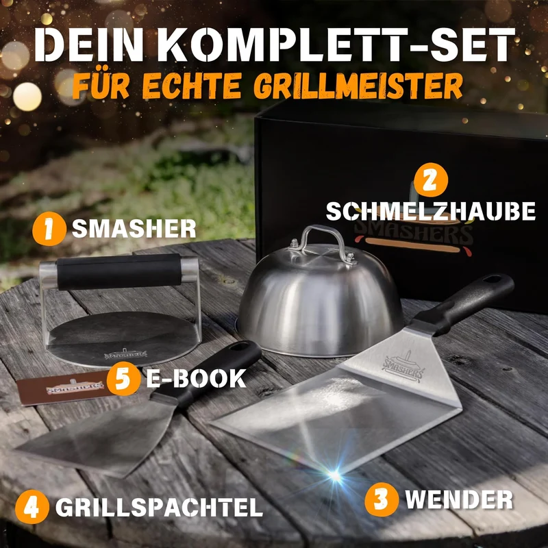 Smash Burger Set – Burger Smasher Set mit Burgerpresse, Grillspachtel, Pfannenwender & Burgerglocke - Inkl. E-Book mit Smash Burger Rezepten & Burgerpapier (6-TLG.)