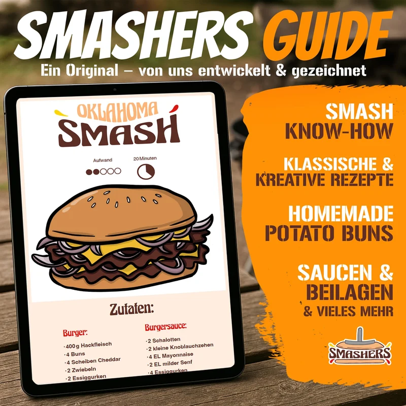 Smash Burger Set – Burger Smasher Set mit Burgerpresse, Grillspachtel, Pfannenwender & Burgerglocke - Inkl. E-Book mit Smash Burger Rezepten & Burgerpapier (6-TLG.)