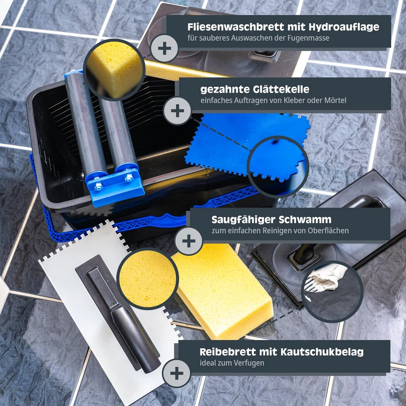 Fliesenwaschset - 12 Liter Kunststoff Eimer, Doppelrollenaufsatz, Fliesenwaschbrett und Verfugbrett