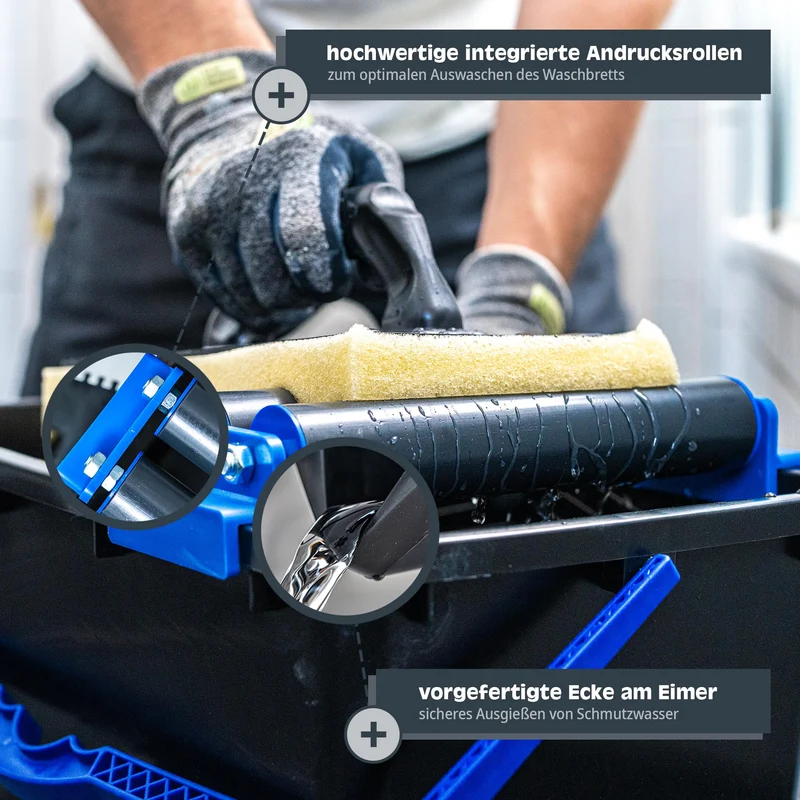 Fliesenwaschset - 12 Liter Kunststoff Eimer, Doppelrollenaufsatz, Fliesenwaschbrett und Verfugbrett