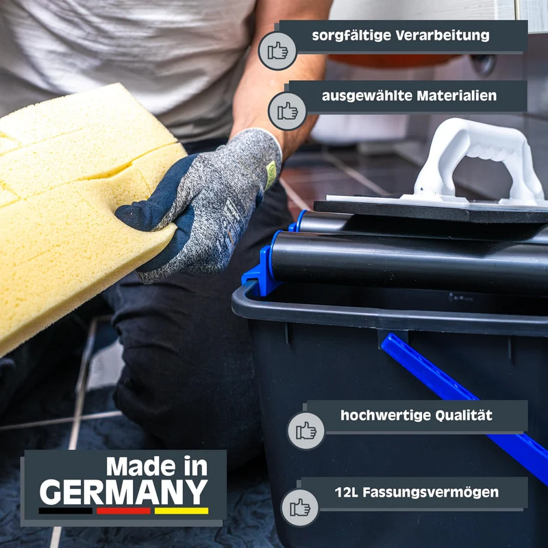Fliesenwaschset - 12 Liter Kunststoff Eimer, Doppelrollenaufsatz, Fliesenwaschbrett und Verfugbrett