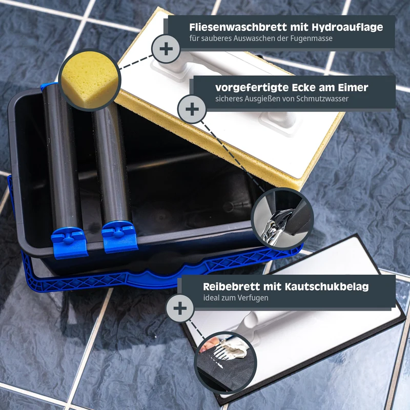 Fliesenwaschset - 12 Liter Kunststoff Eimer, Doppelrollenaufsatz, Fliesenwaschbrett und Verfugbrett