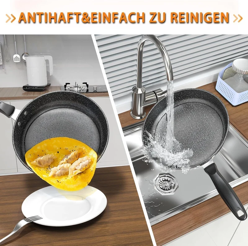 3-teiliges Bratpfannenset, 26 cm + 28 cm + 30 cm Bratpfanne, 3-teiliges Set zum Kochen, professionelle Bratpfannen mit nicht klebriger Beschichtung und kühler Griff, PFAS-frei, spülmaschinenfest (XM5)
