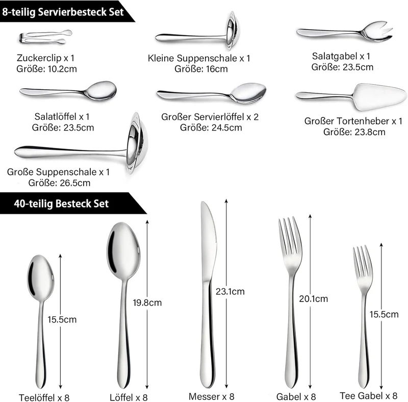 48-teiliges Besteckset, Edelstahl Besteckset für 8 Personen mit Besteck-Servierset 10-teilig bestehend aus Messer, Gabel, Löffel, Besteckheber, Edelstahl poliert, glänzend, Spülmaschine