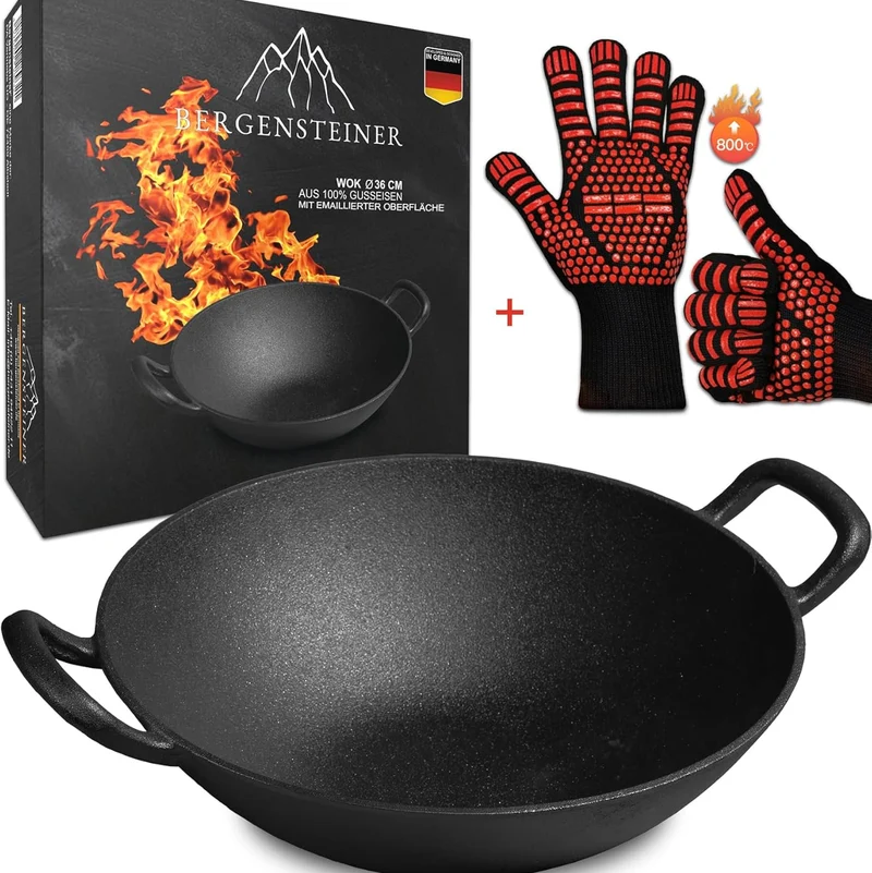 Bergensteiner® 100% Gusseisen Wok mit emaillierter Oberfläche | 36 cm Durchmesser groß | Grill, Induktion, Feuer, Gasgrill | Wok Pan | Inklusive Premium Grillhandschuhe