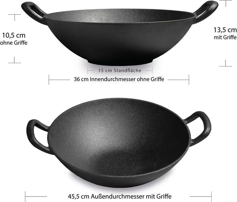 Bergensteiner® 100% Gusseisen Wok mit emaillierter Oberfläche | 36 cm Durchmesser groß | Grill, Induktion, Feuer, Gasgrill | Wok Pan | Inklusive Premium Grillhandschuhe