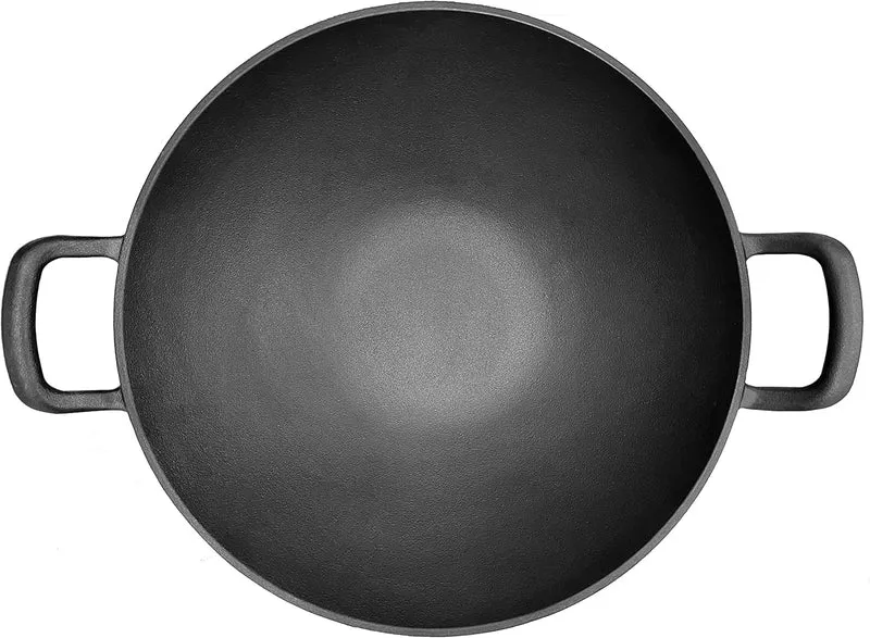Bergensteiner® 100% Gusseisen Wok mit emaillierter Oberfläche | 36 cm Durchmesser groß | Grill, Induktion, Feuer, Gasgrill | Wok Pan | Inklusive Premium Grillhandschuhe