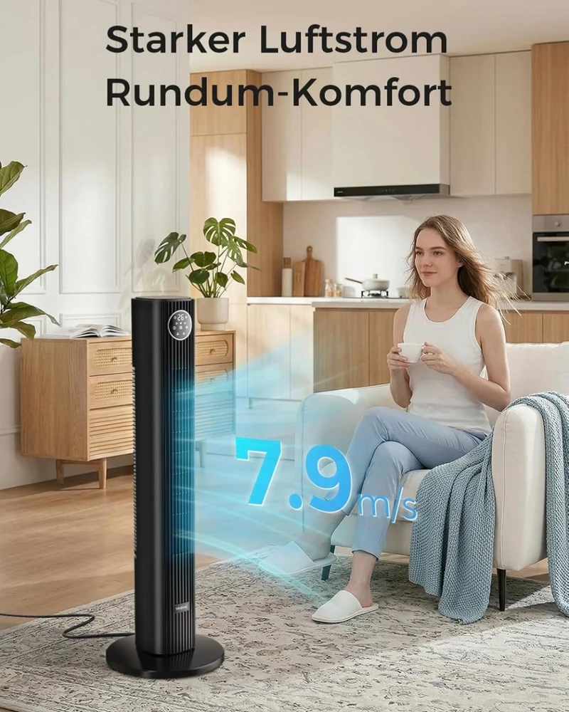 Starker Turmventilator 90 cm mit Fernbedienung, leiser Standventilator mit 28 dB, 3 Geschwindigkeiten, 4 Modi, 85° Oszillation, LED-Touch-Display, 12 Std. Timer, für Schlafzimmer, Büro und Zuhause