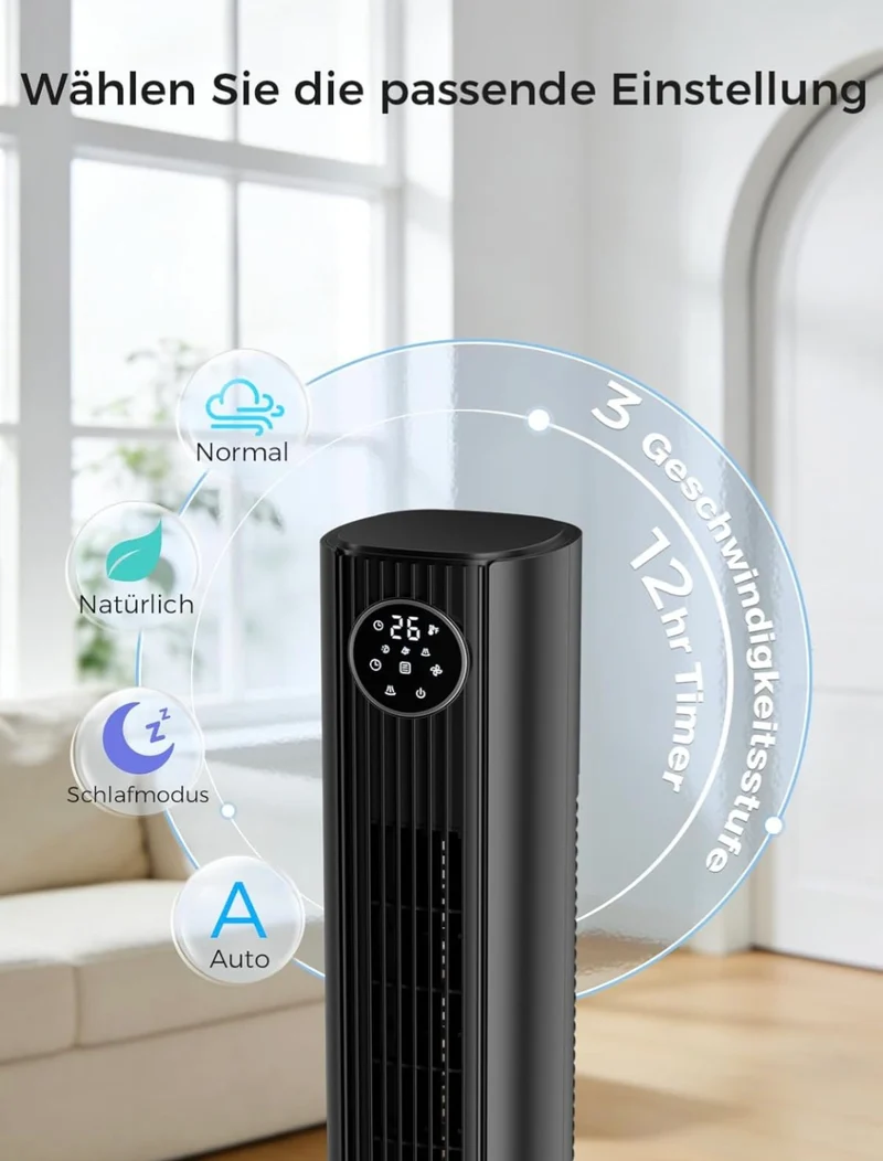 Starker Turmventilator 90 cm mit Fernbedienung, leiser Standventilator mit 28 dB, 3 Geschwindigkeiten, 4 Modi, 85° Oszillation, LED-Touch-Display, 12 Std. Timer, für Schlafzimmer, Büro und Zuhause