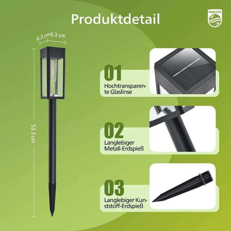 Philips 8 Stück Solarlampen für Außen Garten, 3000K Warmweiß Solar Gartenleuchten, Wasserdicht Außenbeleuchtung Wegeleuchte Deko für Hof, Weg, Terrasse, Rasen