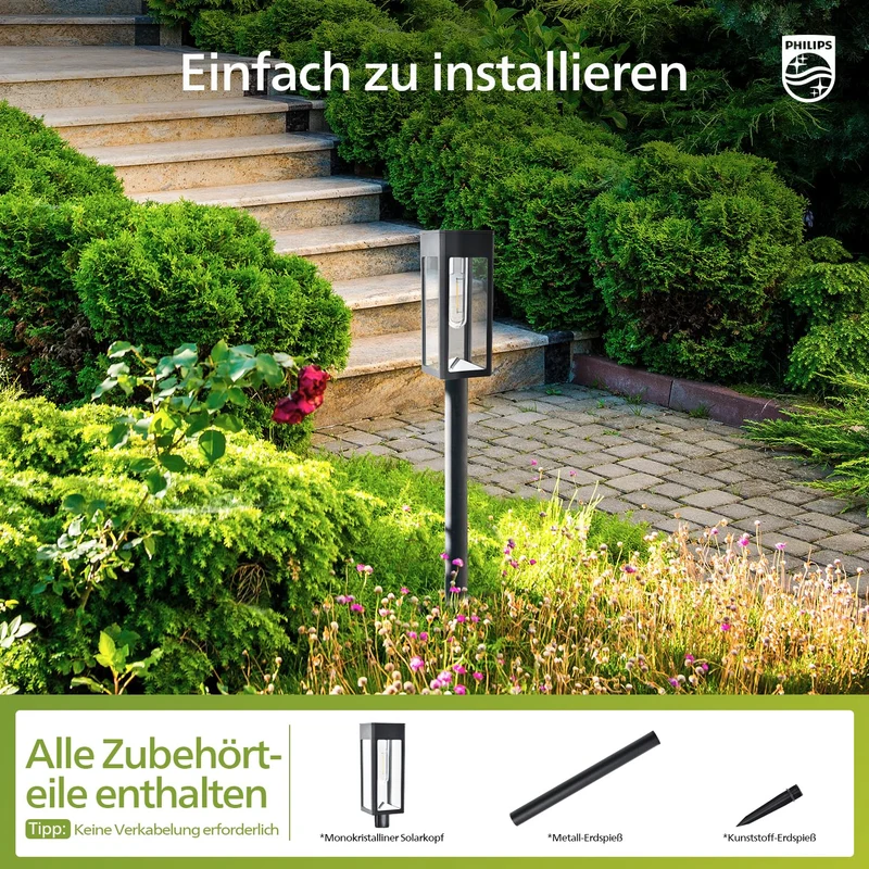 Philips 8 Stück Solarlampen für Außen Garten, 3000K Warmweiß Solar Gartenleuchten, Wasserdicht Außenbeleuchtung Wegeleuchte Deko für Hof, Weg, Terrasse, Rasen