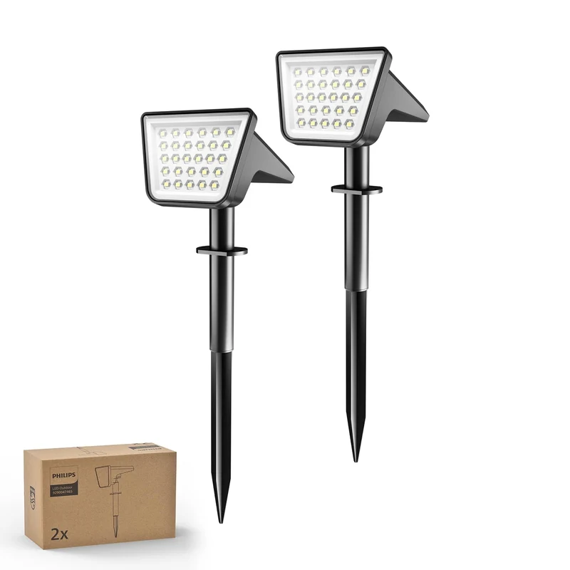 Philips 4 Stück Solarstrahler für Außen Garten, 28 LEDs 7500K Kaltweiß Solarbetriebene Landschaftsbeleuchtung, Wasserdicht Wegeleuchten, Dusk to Dawn – Für Garten, Hof, Rasen, Gehweg