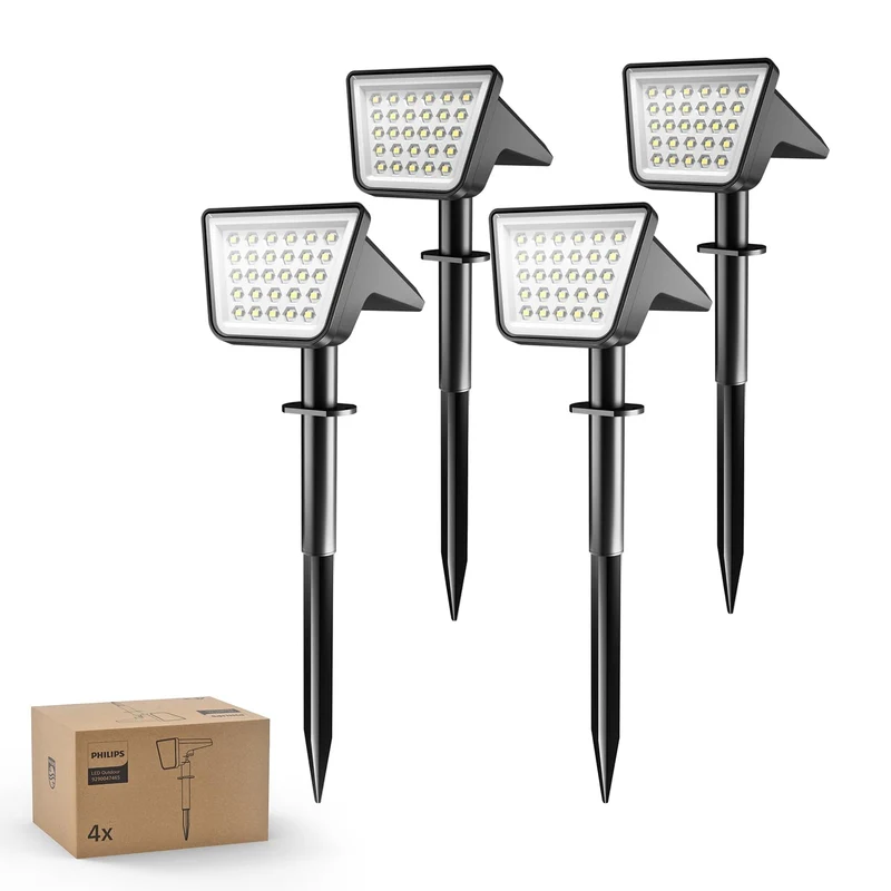 Philips 4 Stück Solarstrahler für Außen Garten, 28 LEDs 7500K Kaltweiß Solarbetriebene Landschaftsbeleuchtung, Wasserdicht Wegeleuchten, Dusk to Dawn – Für Garten, Hof, Rasen, Gehweg
