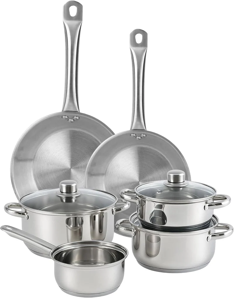 Kochgeschirr-Set, 7-teilig, aus Edelstahl, Ø 20 cm und Ø 24 x 5 cm, induktionsgeeignet, ohne Antihaftbeschichtung