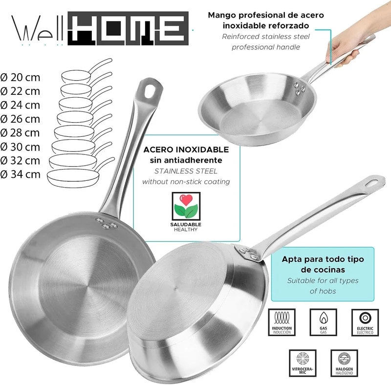 Kochgeschirr-Set, 7-teilig, aus Edelstahl, Ø 20 cm und Ø 24 x 5 cm, induktionsgeeignet, ohne Antihaftbeschichtung