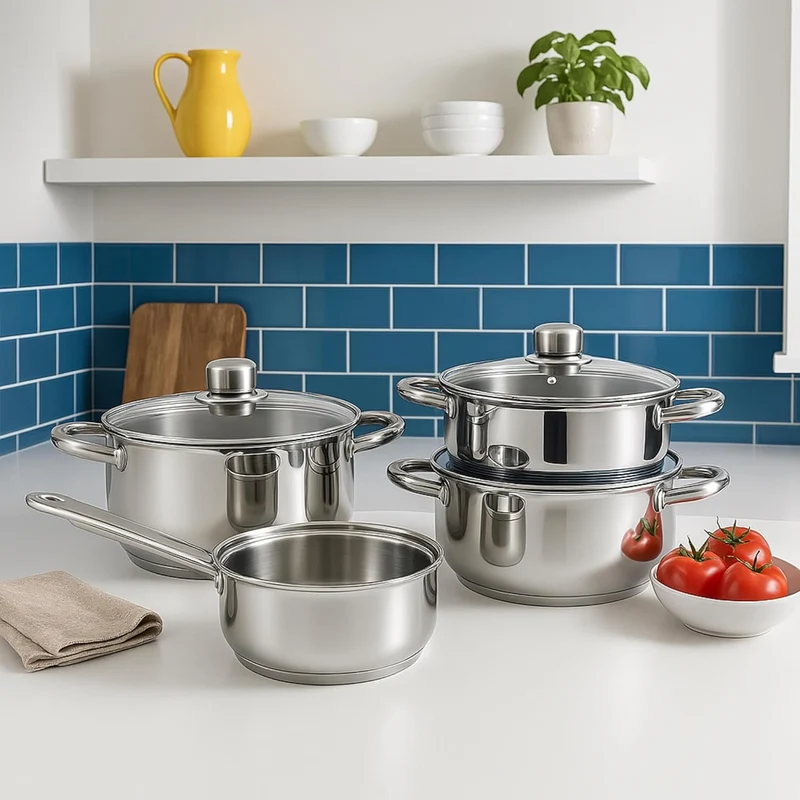 Kochgeschirr-Set, 7-teilig, aus Edelstahl, Ø 20 cm und Ø 24 x 5 cm, induktionsgeeignet, ohne Antihaftbeschichtung