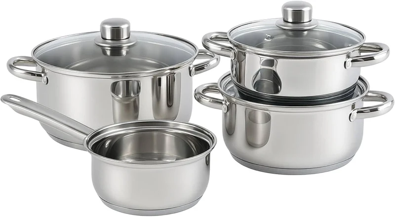 Kochgeschirr-Set, 7-teilig, aus Edelstahl, Ø 20 cm und Ø 24 x 5 cm, induktionsgeeignet, ohne Antihaftbeschichtung