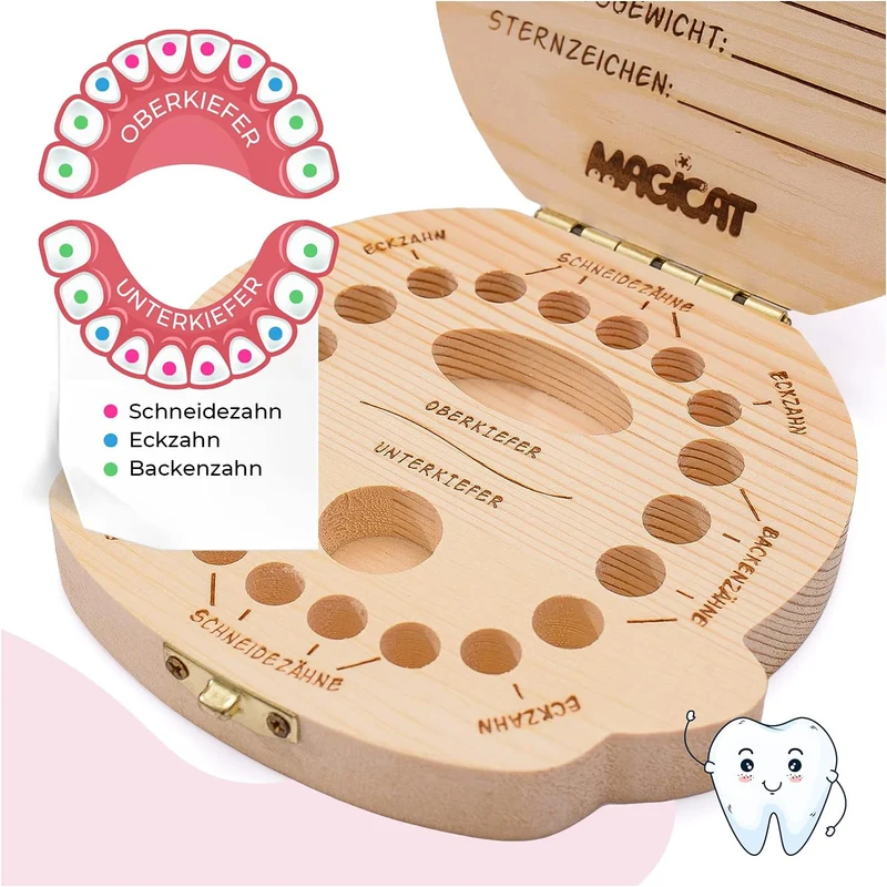 Milchzahndose Mädchen, Zahndose aus Holz, Dose zur Aufbewahrung von Milchzähnen, Baby Milchzähne Box als Geschenk zum Geburtstag oder Taufe, inkl. Pinzette und Zahnfee Geschichte