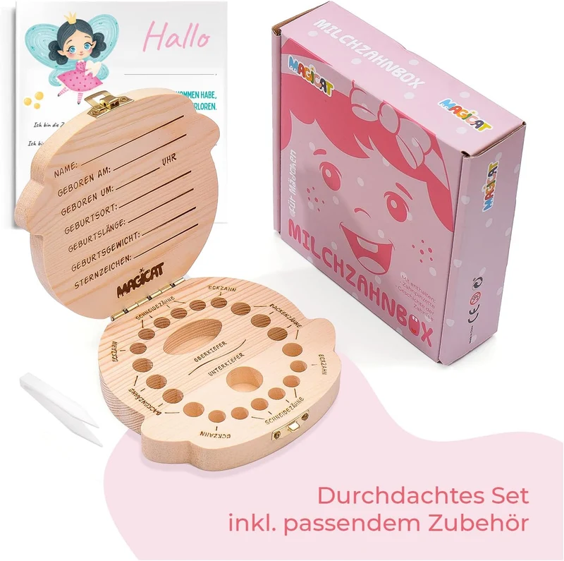 Milchzahndose Mädchen, Zahndose aus Holz, Dose zur Aufbewahrung von Milchzähnen, Baby Milchzähne Box als Geschenk zum Geburtstag oder Taufe, inkl. Pinzette und Zahnfee Geschichte