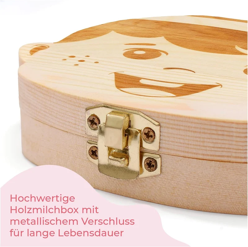 Milchzahndose Mädchen, Zahndose aus Holz, Dose zur Aufbewahrung von Milchzähnen, Baby Milchzähne Box als Geschenk zum Geburtstag oder Taufe, inkl. Pinzette und Zahnfee Geschichte