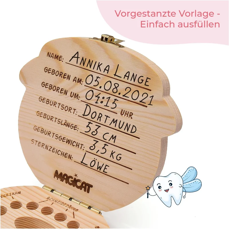 Milchzahndose Mädchen, Zahndose aus Holz, Dose zur Aufbewahrung von Milchzähnen, Baby Milchzähne Box als Geschenk zum Geburtstag oder Taufe, inkl. Pinzette und Zahnfee Geschichte