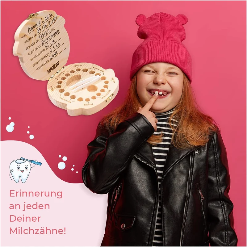 Milchzahndose Mädchen, Zahndose aus Holz, Dose zur Aufbewahrung von Milchzähnen, Baby Milchzähne Box als Geschenk zum Geburtstag oder Taufe, inkl. Pinzette und Zahnfee Geschichte