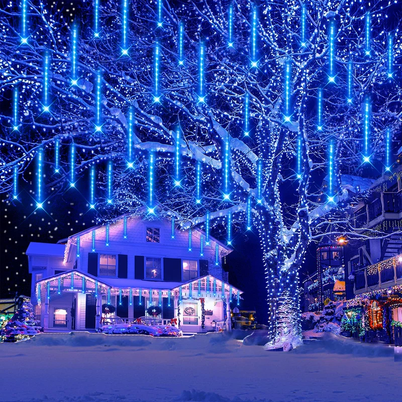 Weihnachtsdekoration im Freien, 20 Röhren (entspricht 2 Sätzen von 10 Röhren) Meteorschauer Feenlichter, wasserdichte Feenlichter für Weihnachten, Halloween, Baumhof, Weihnachtsdekoration im Freien, Blau