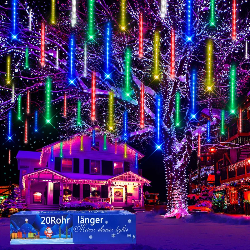 Weihnachtsdekoration im Freien, 20 Röhren (entspricht 2 Sätzen von 10 Röhren) Meteorschauer Feenlichter, wasserdichte Feenlichter für Weihnachten, Halloween, Baumhof, Weihnachtsdekoration im Freien, Blau