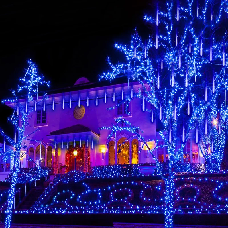 Weihnachtsdekoration im Freien, 20 Röhren (entspricht 2 Sätzen von 10 Röhren) Meteorschauer Feenlichter, wasserdichte Feenlichter für Weihnachten, Halloween, Baumhof, Weihnachtsdekoration im Freien, Blau