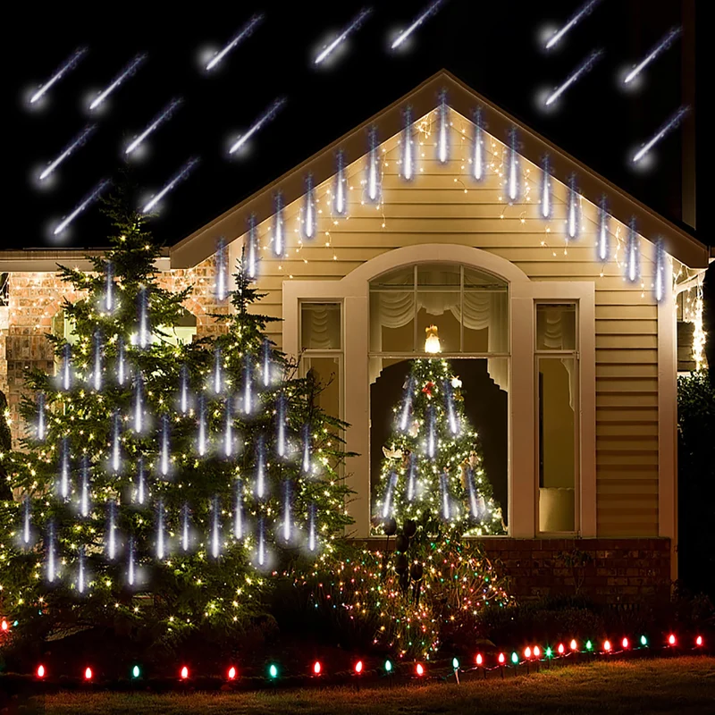 Weihnachtsdekoration im Freien, 20 Röhren (entspricht 2 Sätzen von 10 Röhren) Meteorschauer Feenlichter, wasserdichte Feenlichter für Weihnachten, Halloween, Baumhof, Weihnachtsdekoration im Freien, Blau