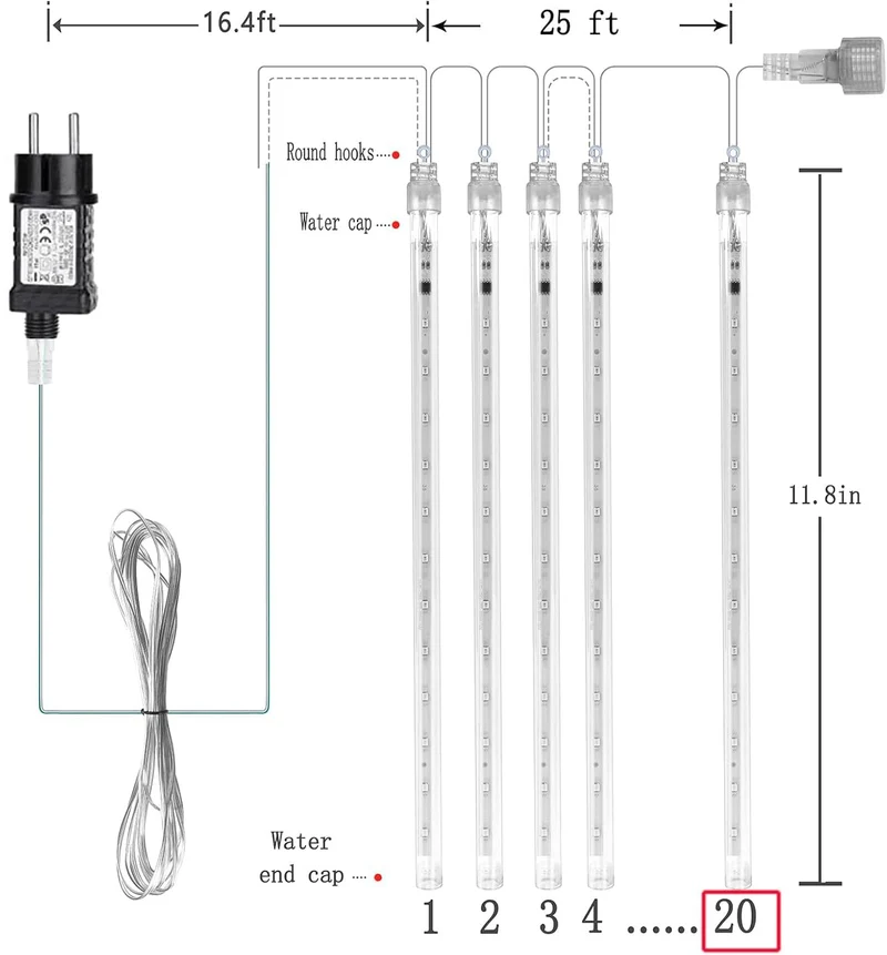 Weihnachtsdekoration im Freien, 20 Röhren (entspricht 2 Sätzen von 10 Röhren) Meteorschauer Feenlichter, wasserdichte Feenlichter für Weihnachten, Halloween, Baumhof, Weihnachtsdekoration im Freien, Blau