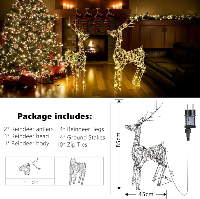 LED beleuchtete Außenrentier, 85 cm Rentierfigur, Weihnachtsdekoration, strombetriebene Timer, 8 Modi, warmweiße Metall-Weihnachtsbeleuchtung für draußen/innen, Rasen, Wohnzimmer, Party