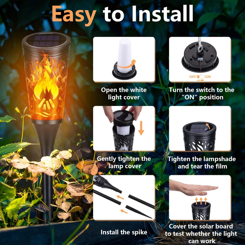 6 Stück Solarlampen für Außen - 12 LED Solarleuchten Garten mit Realistischer Flammeneffekt, IP65 Wasserdicht Gartenfackeln Solar für Außen, Hinterhöfe, Gärten, Rasen Beleuchtung