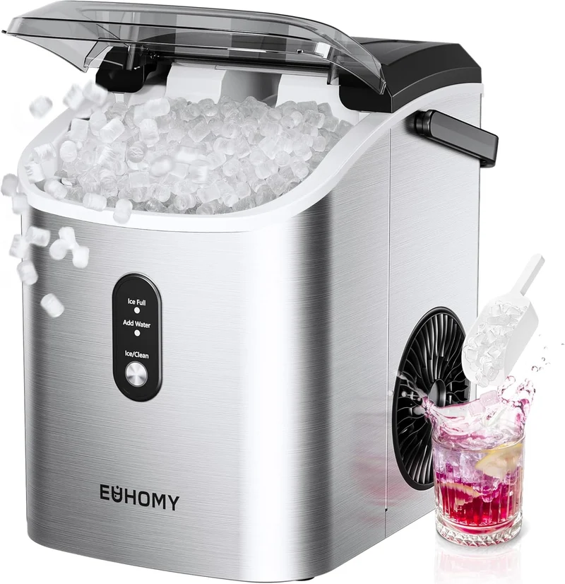 Eiswürfelmaschine Klein, 9 Eiswürfel in 6 Minuten, 12 kg/24H, Eiswürfelmaschine Edelstahl mit Tragbarem Griff, Selbstreinigender Kompakter Eiswürfelmaschinen für Zuhause/Küche/Büro/Bar