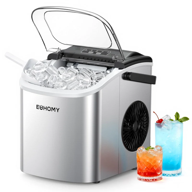 Eiswürfelmaschine Klein, 9 Eiswürfel in 6 Minuten, 12 kg/24H, Eiswürfelmaschine Edelstahl mit Tragbarem Griff, Selbstreinigender Kompakter Eiswürfelmaschinen für Zuhause/Küche/Büro/Bar