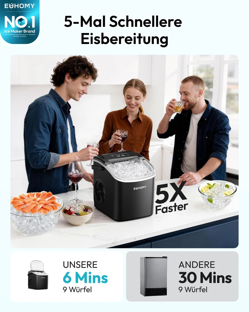 Eiswürfelmaschine Klein, 9 Eiswürfel in 6 Minuten, 12 kg/24H, Eiswürfelmaschine Edelstahl mit Tragbarem Griff, Selbstreinigender Kompakter Eiswürfelmaschinen für Zuhause/Küche/Büro/Bar