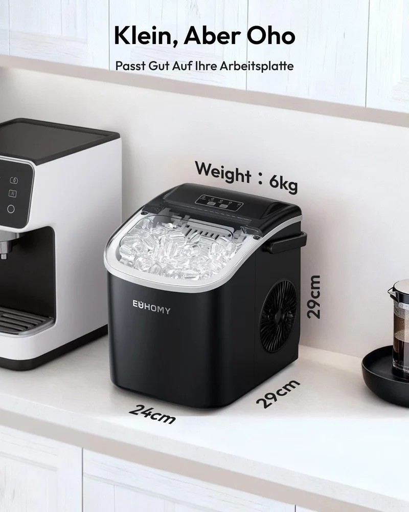 Eiswürfelmaschine Klein, 9 Eiswürfel in 6 Minuten, 12 kg/24H, Eiswürfelmaschine Edelstahl mit Tragbarem Griff, Selbstreinigender Kompakter Eiswürfelmaschinen für Zuhause/Küche/Büro/Bar